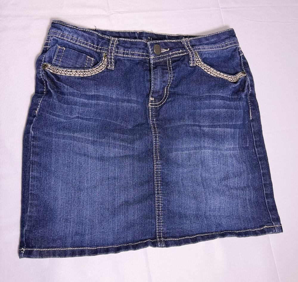 EARL JEANS Denim Embellished Dark Wash Mini Skirt Sz 4 Vtg Y2k Bratzcore Grunge